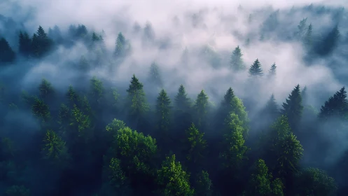 Misty Forest Landscape. Evergreen Trees Shrouded in Dense Fog.