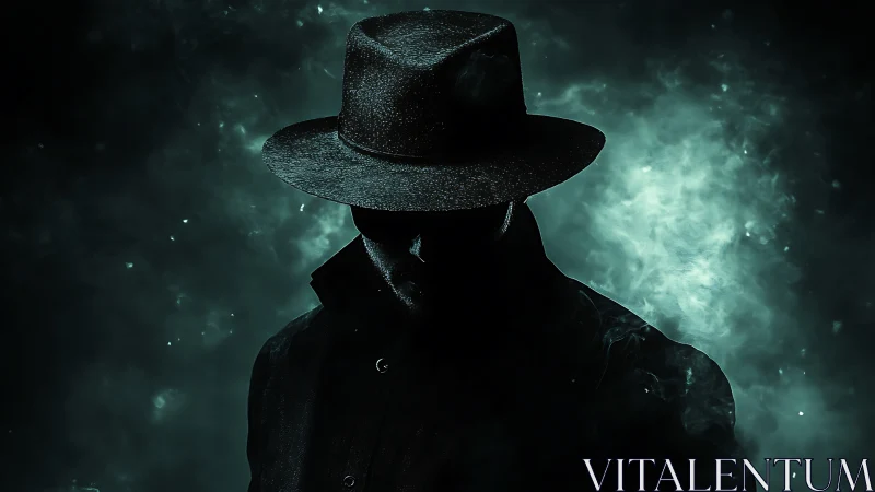 Silhouetted trench‑coat figure in noir smoke with hard rim light