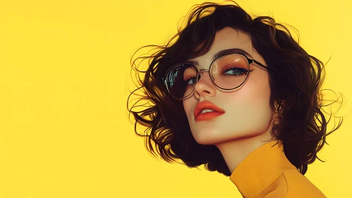 Stylized portrait of woman with glasses on vivid yellow ground