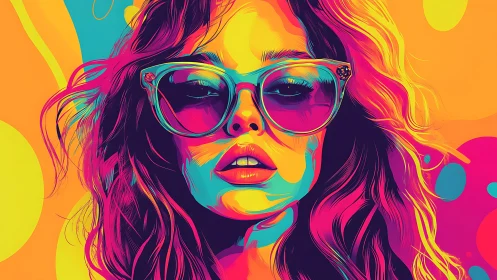 Bold neon pop art portrait of woman in large sunglasses.
