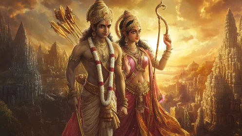 Digital rendering depicts two regal figures in temple landscape