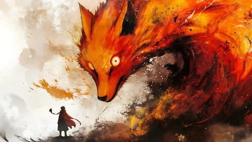 Fiery fox spirit looming over lone cloaked figure.