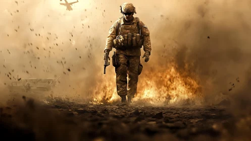 Soldier strides through blazing battlefield under swirling dust