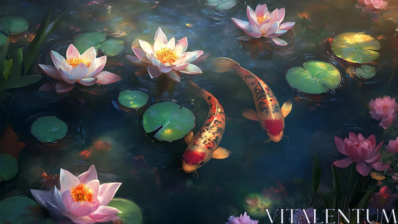 Koi duet drifting beneath lantern-lit water lilies at dusk.
