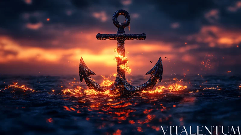 Flaming sea anchor crowned by a storm-lit molten horizon.