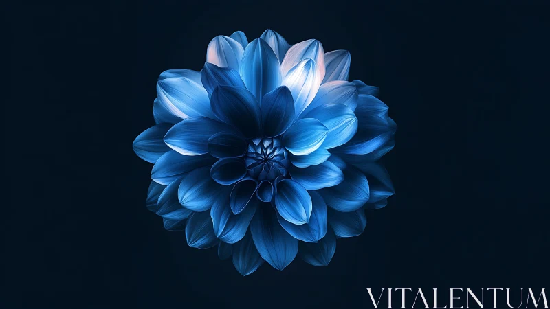 Blue Dahlia Bloom Against Dark. Luminous Petals.