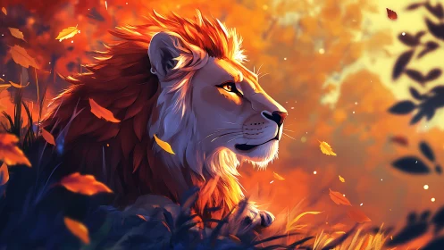 Lion in warm autumn light with drifting orange leaves.