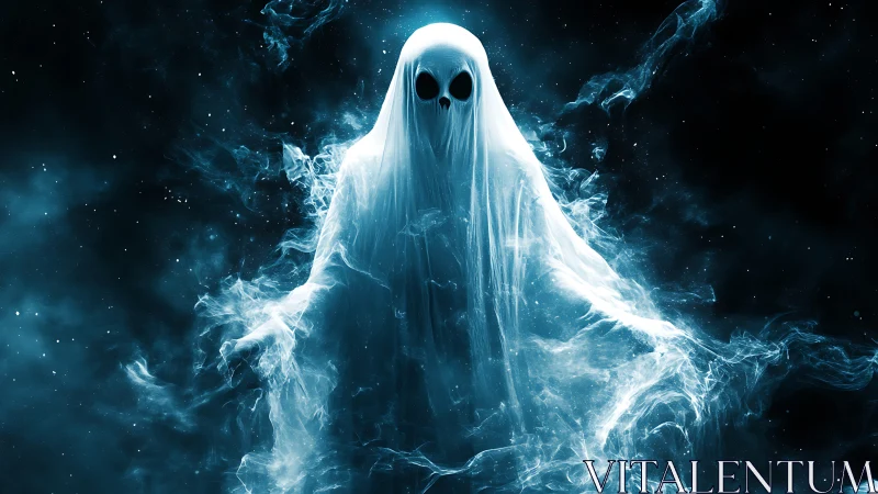 Ethereal ghostly spirit emerges from cosmic blue mist.