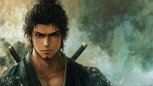 Stoic anime samurai warrior with twin swords portrait.