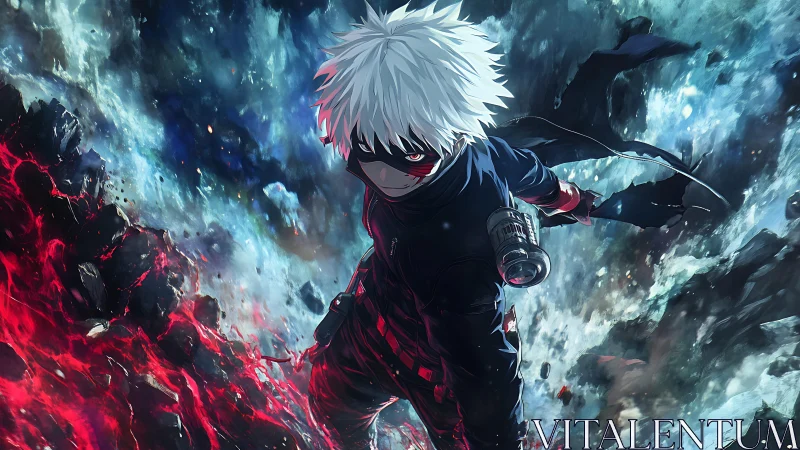 White-haired masked warrior descends through erupting chaos.