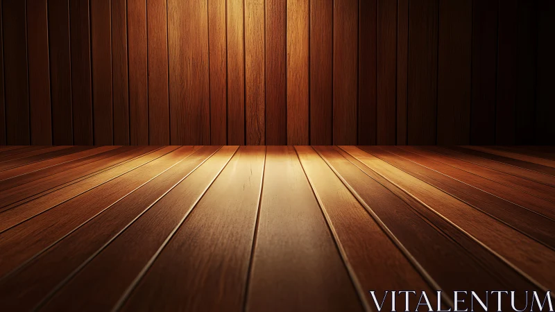 Warm wooden interior with empty plank floor and wall.