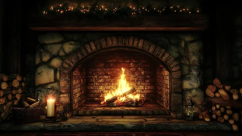 Stone hearth fireplace with burning logs and stored firewood.
