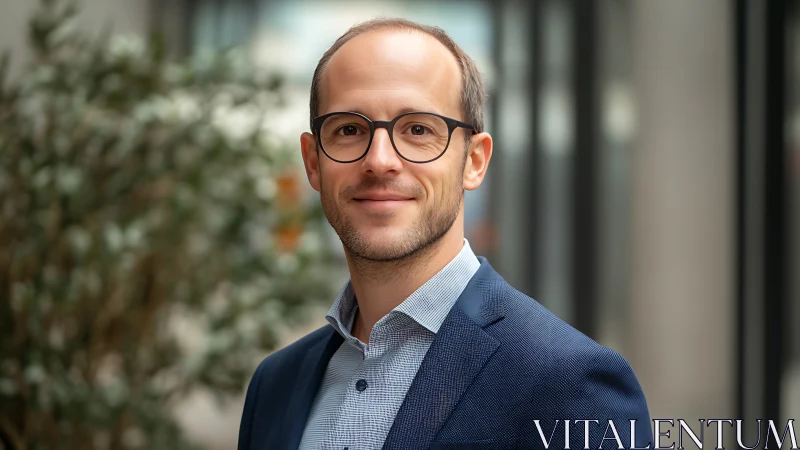 Calm professional in navy blazer under soft city daylight.