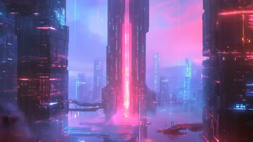 Neon-lit megacity skyline surrounds central vertical energy core