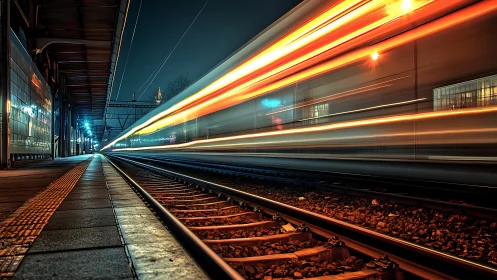 Long-exposure night train streaking through urban platform.