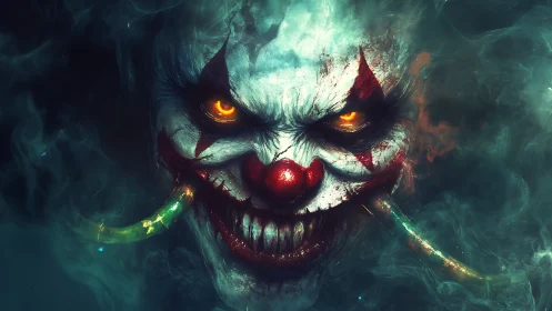 Demonic clown portrait glows through swirling toxic smoke