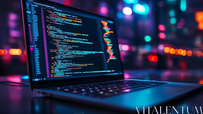 Cyberpunk laptop workstation with neon code interface rendering.