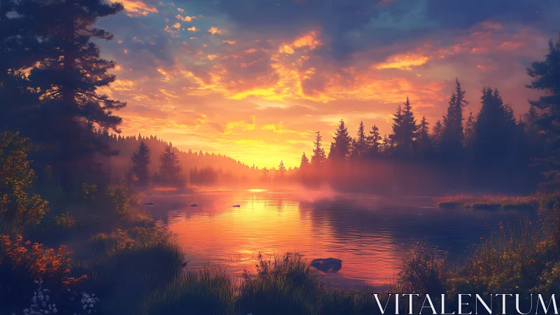 Radiant misty lakeside sunset with silhouetted conifer forest