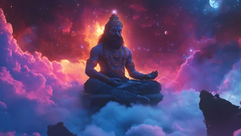 Cosmic meditating deity in neon clouds and astral glow.