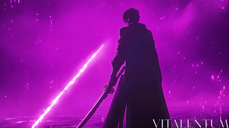Silhouetted swordsman stands before bright purple energy beam