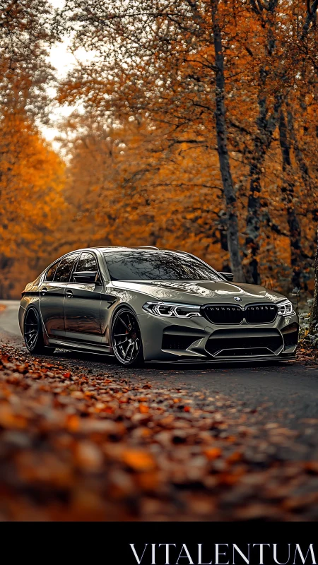 Sleek silver sedan glides through a quiet golden autumn road