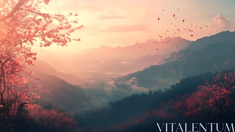 Soft sunrise over misty mountains and cherry blossoms.