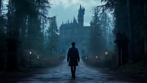 Midnight pilgrim walks toward mist veiled gothic castle.