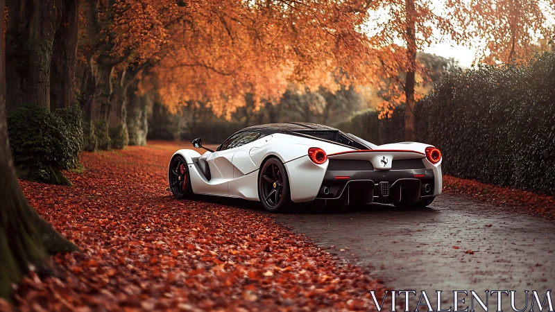 White supercar prowls through a fiery autumn tunnel of leaves.