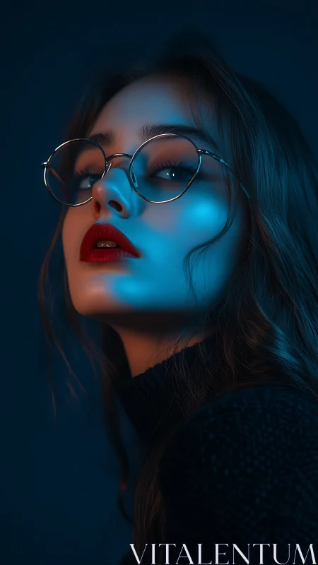 Cinematic blue-gel portrait with reflective glasses and red lips.