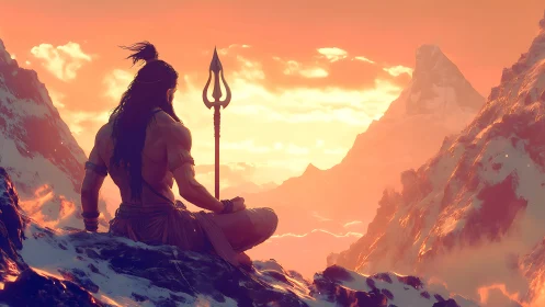 Mountain sage steadies a trident against molten sunrise skies