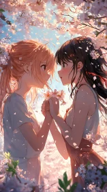 Anime spring portrait of two girls under blooming sakura canopy.