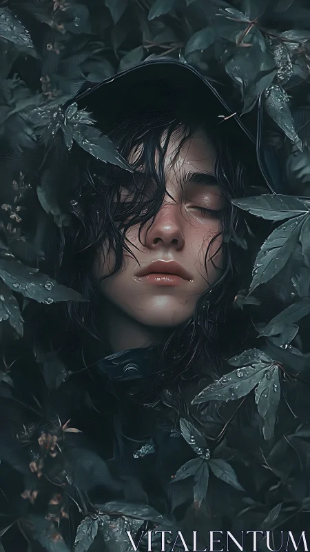 Forest-lulled dreamer drifts beneath rain-slick leaves