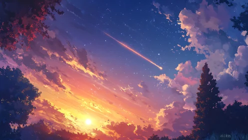 Sunset sky with meteor over silhouetted forest canopy.