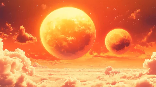 Binary suns above stratocumulus cloud deck on alien horizon