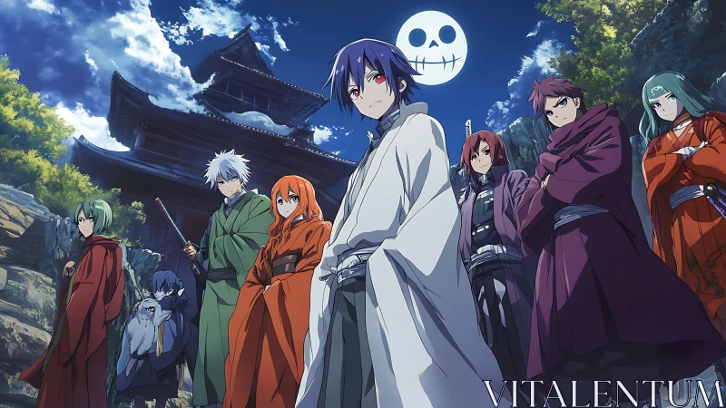 Moonlit misfit heroes gathered before a haunted hill temple.