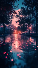 Tree-lined waterway at dusk with reflected city lights.