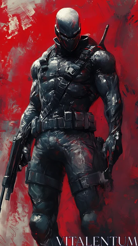 Digital painting of armored cyber-operator on scarlet field.