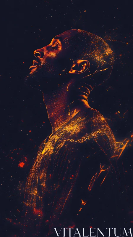 Profile silhouette glows with fiery cosmic energy.