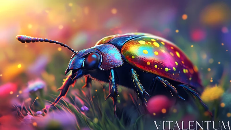 Rainbow beetle wandering through a dreamy garden glow.