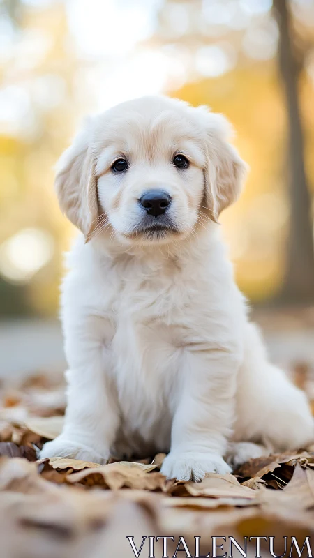Golden retriever puppy sitting on dry autumn leaves outdoors.
