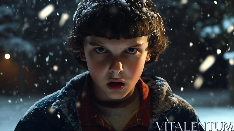 Snow-covered child staring ahead in dim winter light.