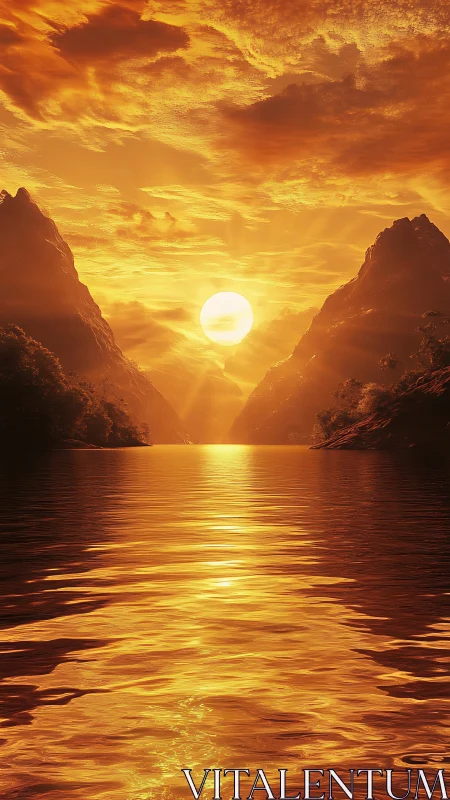 Sun descends between mountains over reflective golden water