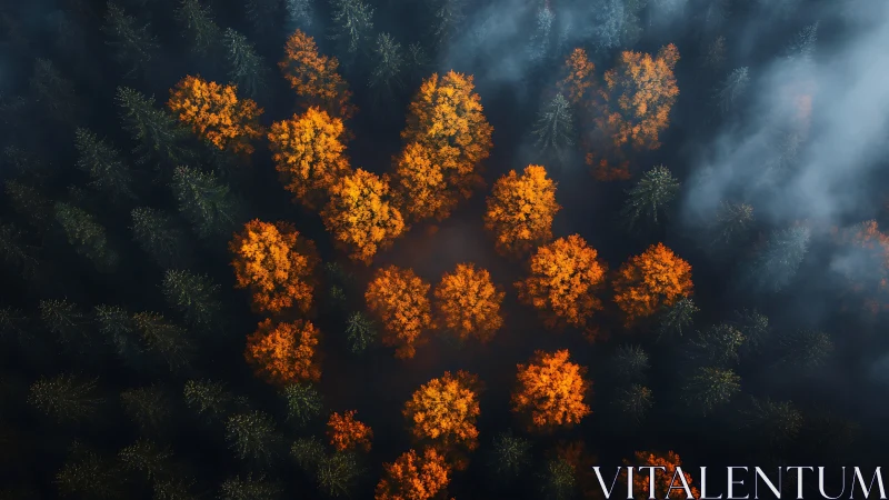 Autumn orange trees form dense cluster inside misty conifer forest