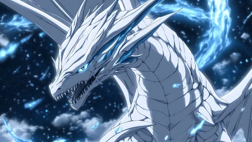 Electrified white dragon dominates stormy nocturnal sky