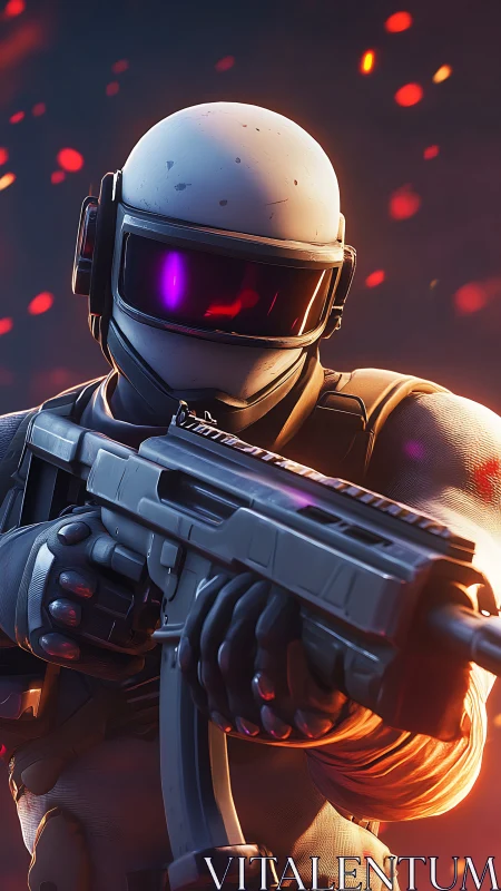 Calm futuristic soldier ready in glowing sci fi battle gear.