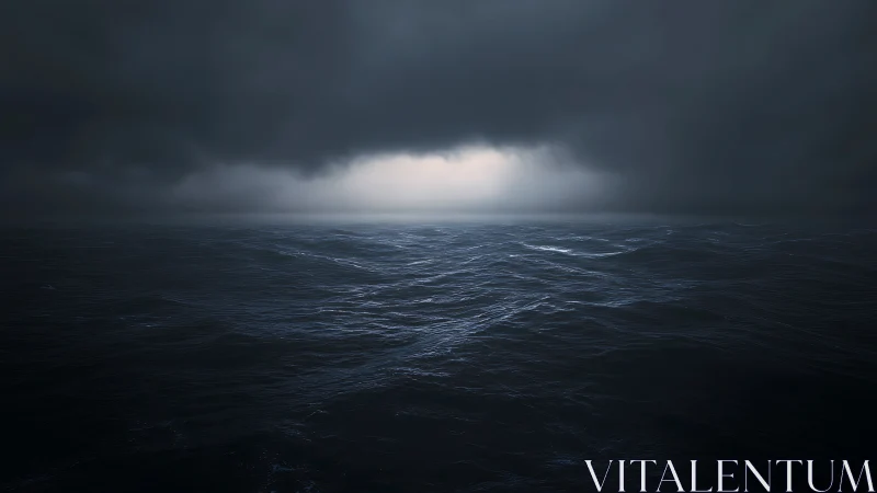 Dark ocean waves extend under dense storm clouds.