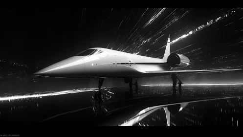 Futuristic supersonic jet waits poised amid streaking lights