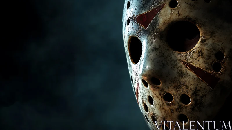 Weathered hockey mask emerges from dark blue mist