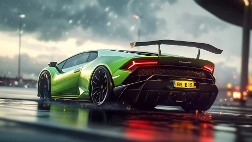 Lime green rear-angle supercar on wet reflective tarmac at dusk