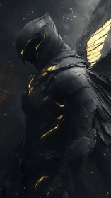 Armored dark angel warrior in fractured obsidian exosuit.